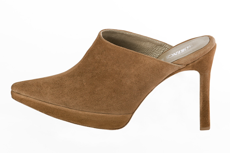 Caramel brown women's clog mules. Pointed toe. Very high slim heel. Profile view - Florence KOOIJMAN